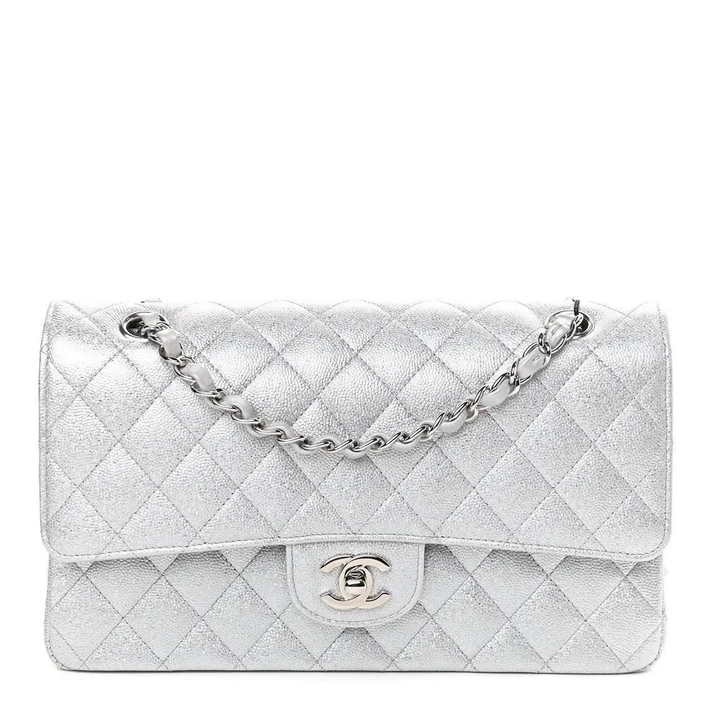 ❌❌ CHANEL 21K Glittered Silver Metallic Caviar Quilted Medium Double Flap CC bag - Picture 10 of 14
